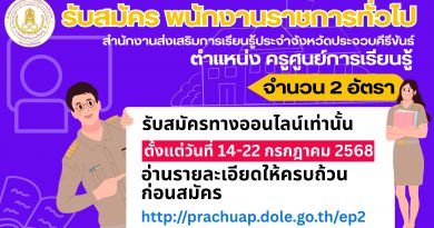 สกร.ประจำจังหวัดประจวบคิรีขันธ์ เปิดรับสมัคร ครูศูนย์การเรียนรู้ 2 อัตรา อัตราค่าตอบแทนแรกบรรจุ 21,780 บาท